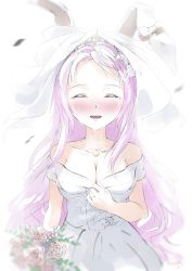 Rule 34 | 1girl, alternate costume, animal ears, bare shoulders, blurry, blush, bouquet, bow, breasts, bridal veil, brown flower, brown rose, closed eyes, collarbone, crescent, crying, dress, floral print, flower, grey dress, grey flower, hair flower, hair ornament, hand up, happy, highres, jewelry, large breasts, leaf, leaf print, light purple hair, long hair, necklace, off-shoulder dress, off shoulder, open mouth, otomeza ryuseigun, petals, purple hair, rabbit ears, reisen udongein inaba, rose, short sleeves, simple background, solo, tears, tiara, touhou, veil, wedding dress, white background, white bow