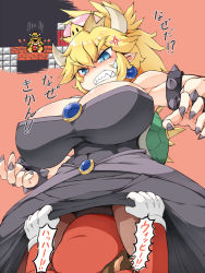 Rule 34 | 1boy, 1girl, armlet, black dress, black nails, blonde hair, bondo, bowser, bowsette, bracelet, breasts, cleavage, clenched teeth, commentary request, crown, dress, earrings, gloves, hat, highres, horns, huge breasts, jewelry, looking at another, looking down, mario, mario (series), nail polish, new super mario bros. u deluxe, nintendo, ponytail, red background, red hat, sharp teeth, short hair, simple background, spiked armlet, spiked bracelet, spikes, super crown, teeth, translation request, white gloves