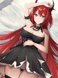 Rule 34 | 1girl, absurdres, arknights, arm on own head, armpits, black collar, black dress, black panties, black thighhighs, breasts, cleavage, collar, commentary request, cowboy shot, demon girl, demon horns, detached collar, dress, hair between eyes, hand on own stomach, highres, horns, infection monitor (arknights), jacket, large breasts, long hair, looking at viewer, lying, off shoulder, on back, ozyomin, panties, purple eyes, red hair, solo, surtr (arknights), thighhighs, thighs, underwear, very long hair