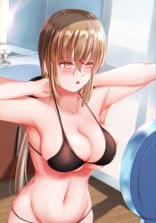 Rule 34 | 1girl, alternate breast size, bikini, black bikini, black bow, blush, bow, breasts, brown eyes, brown hair, glass door, hair bow, hair ornament, hairclip, highres, kantai collection, large breasts, libra (zodiac), long hair, low twintails, mirror, navel, open mouth, sabakuomoto, solo, swimsuit, tashkent (kancolle), twintails, zodiac