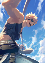 Rule 34 | 1boy, belt, black shirt, blonde hair, blue sky, cloud, cloudy sky, cross, english text, eyepatch, flagpole, guilty gear, guilty gear strive, highres, holding, holding pole, looking at viewer, male focus, muscular, muscular male, open mouth, pants, pole, shaded face, shirt, short hair, sin kiske, sky, solo, sunlight, talgi