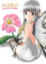 Rule 34 | 1girl, aerie (bravely default), backless dress, backless outfit, bravely default: flying fairy, bravely default (series), butterfly wings, dress, fairy, flower, from behind, gloves, grey eyes, highres, insect wings, ju (old505), long hair, looking back, pointy ears, silver hair, sitting, solo, thigh strap, wings