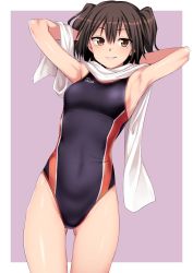 Rule 34 | 1girl, alternate costume, armpits, arms behind back, black hair, black one-piece swimsuit, border, breasts, brown eyes, clothes writing, competition school swimsuit, cowboy shot, gluteal fold, hair between eyes, kantai collection, kumadano, leaning to the side, one-piece swimsuit, outside border, parted bangs, pink background, purple background, scarf, school swimsuit, sendai (kancolle), sendai kai ni (kancolle), short hair, simple background, small breasts, solo, standing, swimsuit, thighs, two-tone background, two side up, white border, white scarf