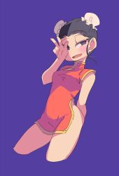 Rule 34 | 1girl, black hair, blush, character request, china dress, chinese clothes, copyright request, cowboy shot, double bun, dress, female focus, open mouth, purple background, shimazaki1152, simple background, solo, v