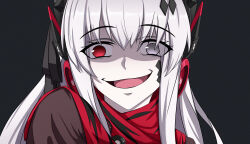Rule 34 | 1girl, black background, commentary request, crazy smile, grey hair, hair ornament, hairclip, headgear, headphones, heterochromia, highres, long hair, lucia: crimson abyss (punishing: gray raven), lzypoipoi, portrait, punishing: gray raven, red eyes, red scarf, scarf, shaded face, sidelocks, smile