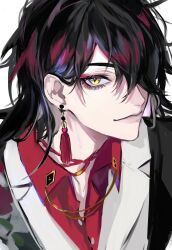Rule 34 | 1boy, absurdres, ancoo mm, black hair, choker, closed mouth, collared shirt, earrings, eyeshadow, floral print, formal, hair over one eye, highres, japanese clothes, jewelry, kimono, long hair, looking at viewer, makeup, male focus, multicolored hair, nijisanji, nijisanji en, red choker, red eyeshadow, red hair, red shirt, shirt, simple background, smile, solo, streaked hair, suit, tassel, tassel earrings, upper body, virtual youtuber, vox akuma, vox akuma (1st costume), white background, white suit, yellow eyes