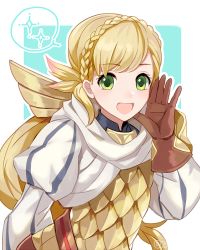 Rule 34 | 1girl, armor, bad id, bad twitter id, blonde hair, blush, braid, cape, fire emblem, fire emblem heroes, gloves, green eyes, long hair, looking at viewer, nana (nanalog76), nintendo, open mouth, scale armor, sharena (fire emblem), simple background, smile, solo