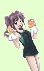 Rule 34 | 00s, 1girl, asou natsumi, bad id, bad pixiv id, blouse, green background, green shirt, hand puppet, legs together, machijuu, outline, overall shorts, overalls, puppet, purple hair, shirt, simple background, sketchbook full colors, sleeveless, sleeveless shirt, solo, white outline