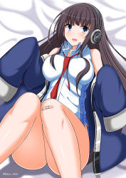 Rule 34 | 1girl, azur lane, bad id, bad pixiv id, bandaid, bandaid on knee, bandaid on leg, black hair, blue eyes, blush, breasts, commentary request, headphones, highres, kamishiro (rsg10679), large breasts, long hair, long island (azur lane), long sleeves, looking at viewer, necktie, open mouth, sleeves past wrists, solo, twitter username