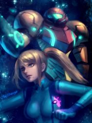 Rule 34 | 1girl, arm cannon, artist name, bellhenge, blue eyes, bodysuit, breasts, closed mouth, commentary, glowing, hair tie, highres, md5 mismatch, medium breasts, metroid, mole, mole under mouth, nintendo, ponytail, resized, resolution mismatch, samus aran, short hair, sky, solo, source smaller, star (sky), starry sky, super smash bros., upper body, upscaled, weapon, zero suit