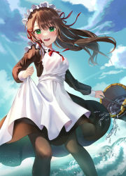 Rule 34 | 1girl, absurdres, alternate costume, apron, blue sky, brown hair, brown pantyhose, bucket, chie (user snfh8333), cloud, cloudy sky, day, dress, enmaided, green eyes, highres, holding, holding bucket, holding clothes, holding dress, long hair, long sleeves, looking at viewer, maid, maid headdress, neck ribbon, ocean, original, pantyhose, pinafore dress, red ribbon, ribbon, sky, sleeveless dress, smile, standing, swept bangs, teeth, upper teeth only, wading, white apron