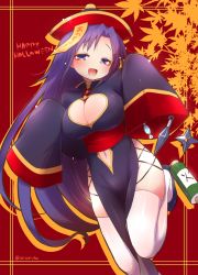 Rule 34 | 1girl, :d, blue eyes, blue footwear, bow, breasts, candy wrapper, cleavage, cleavage cutout, clothing cutout, commentary request, dress, goshiki agiri, halloween, happy halloween, hat, jiangshi costume, kill me baby, kunai, large breasts, long hair, long sleeves, muu rian, navel, navel cutout, ofuda, open mouth, parted bangs, pelvic curtain, purple dress, purple hair, qingdai guanmao, red background, red bow, red hat, shoes, shuriken, sleeves past fingers, sleeves past wrists, smile, solo, standing, standing on one leg, thighhighs, very long hair, weapon, white thighhighs