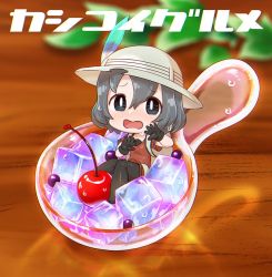 Rule 34 | 10s, 1girl, bag, black gloves, black hair, black legwear, blueberry, blush, chaki (teasets), cherry, chibi, food, fruit, gloves, hat, hat feather, ice, ice cube, kaban (kemono friends), kemono friends, leaf, looking at viewer, open mouth, red shirt, sad, scared, shirt, short hair, short sleeves, shorts, solo, spoon, sweat, table, text focus, wavy mouth, wooden table