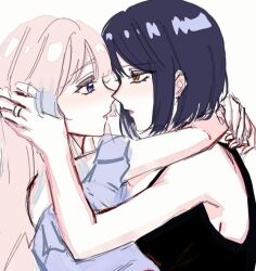 Rule 34 | 2girls, arms around neck, bare arms, black hair, black shirt, commentary, eye contact, genshin impact, hand in another&#039;s hair, hashtag-only commentary, jewelry, kujou sara, long hair, looking at another, multiple girls, noses touching, onigiri 222x714, parted lips, pink hair, purple eyes, ring, sangonomiya kokomi, shirt, short hair, simple background, sleeveless, sleeveless shirt, upper body, white background, yellow eyes, yuri