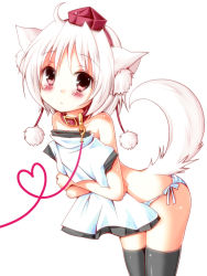 Rule 34 | 1girl, :&lt;, ahoge, animal ears, bare shoulders, black thighhighs, blush, breasts, clothes in front, collar, covering breasts, covering privates, female focus, hat, heart, heart of string, inubashiri momiji, leash, meiya neon, panties, red eyes, short hair, silver hair, solo, striped clothes, striped panties, tail, thighhighs, tokin hat, touhou, underwear, underwear only, wolf ears, wolf tail