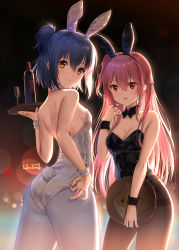 Rule 34 | 2girls, alcohol, animal ears, black legwear, blue hair, bottle, bow, bowtie, bracelet, breasts, cleavage, cup, drinking glass, haneru, highres, holding, holding plate, jewelry, leotard, long hair, looking at viewer, looking back, medium breasts, multiple girls, open mouth, original, pantyhose, pink hair, plate, playboy bunny, ponytail, rabbit ears, rabbit tail, red eyes, short hair, side ponytail, simple background, small breasts, smile, standing, white legwear, wine, wine bottle, wine glass, yellow eyes