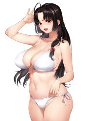 Rule 34 | 1girl, ahoge, alternate breast size, black hair, breasts, brown eyes, effort star, hair ribbon, highres, kantai collection, large breasts, long hair, open mouth, red ribbon, ribbon, round teeth, shouhou (kancolle), simple background, smile, solo, teeth, very long hair, white background