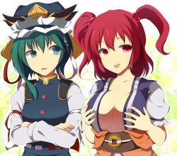 Rule 34 | 2girls, bad id, bad pixiv id, blue eyes, breasts, cleavage, crossed arms, female focus, green hair, hair bobbles, hair ornament, hat, highres, large breasts, mizukami ryouma, multiple girls, onozuka komachi, pink hair, red eyes, red hair, shiki eiki, touhou, twintails, two side up, upper body, xjr1250