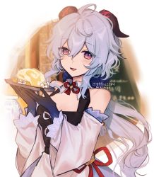 Rule 34 | ahoge, bare shoulders, black gloves, blue hair, blush, breasts, chinese knot, cleavage, commentary, curled horns, detached sleeves, flower knot, food, ganyu (genshin impact), genshin impact, gloves, highres, holding, holding food, horns, long hair, looking at viewer, multicolored eyes, prosperous peace (genshin impact), qiqi (999sleepy), sidelocks, smile, solo, symbol-only commentary, twitter username, vision (genshin impact), white sleeves