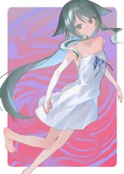 Rule 34 | 1girl, abstract background, absurdres, alt text, bare shoulders, barefoot, blue ribbon, border, closed mouth, dress, flat chest, floating, foot out of frame, green eyes, green hair, hair flaps, highres, kurobeko (kur0bek0), light smile, long hair, looking at viewer, outside border, pink background, purple background, ribbon, rounded corners, saya (saya no uta), saya no uta, sidelocks, sleeveless, sleeveless dress, solo, spaghetti strap, split mouth, strap slip, sundress, two-tone background, very long hair, white border, white dress