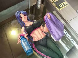 Rule 34 | 1girl, abs, action taimanin, bare shoulders, blue hair, blush, bottle, breasts, breath, cleavage, curvy, exercising, feet out of frame, female focus, fingerless gloves, from below, game cg, gloves, grabbing, groin, gym, hands up, heavy breathing, high ponytail, holding, holding bottle, holding towel, indoors, kagami hirotaka, large breasts, legs, lens flare, light, lilith-soft, long hair, looking at viewer, midriff, muscular, muscular female, navel, pants, pink eyes, ponytail, red eyes, shiny skin, skin tight, smile, solo, sparkle, sports bra, sportswear, standing, sweat, taimanin (series), taimanin asagi, thighs, toned, towel, very long hair, yatsu murasaki, yoga pants