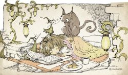 Rule 34 | 1girl, blanket, book, brown hair, cat, cookie, cup, food, lamp, long hair, no nose, open book, open mouth, original, parallela66, plate, rug, sleeping, solo, tray, twitter username, watering can