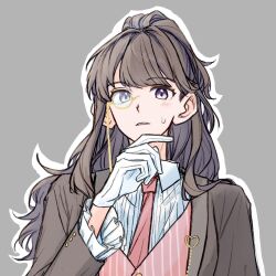Rule 34 | 1girl, brown hair, brown jacket, commentary, dress shirt, formal, frilled shirt, frills, fujishima megumi, gloves, grey background, hair over shoulder, hand on own chin, heart, high ponytail, highres, jacket, komikokataxi, link! like! love live!, long hair, long sleeves, looking at viewer, love live!, monocle, outline, parted lips, pink vest, purple eyes, shirt, solo, sweatdrop, swept bangs, symbol-only commentary, upper body, vest, white gloves, white outline, white shirt, yellow-framed eyewear