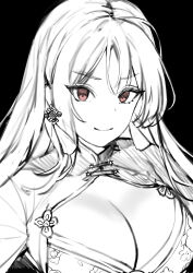 Rule 34 | 1girl, absurdres, breasts, brown eyes, china dress, chinese clothes, chinese knot, cleavage, closed mouth, dress, earrings, floral print, goddess of victory: nikke, greyscale, hanbok625, highres, jewelry, large breasts, long hair, looking at viewer, monochrome, moran (nikke), smile, solo, spot color, tassel, tassel earrings