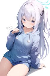 Rule 34 | 1girl, blue archive, blue halo, blue hoodie, blush, braid, breasts, closed mouth, collarbone, cowboy shot, grey hair, halo, highres, hood, hood down, hoodie, long hair, long sleeves, miyako (blue archive), miyako (young) (blue archive), one side up, purple eyes, simple background, small breasts, solo, tateishi kureha, thighs, twitter username, white background