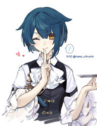 Rule 34 | !, 1boy, ascot, asymmetrical bangs, blue hair, blush, commentary request, earrings, frilled sleeves, frills, genshin impact, hair between eyes, heart, highres, holding, holding tray, jewelry, long sleeves, looking at viewer, male focus, one eye closed, open mouth, shirt, short hair, simple background, smile, spoken exclamation mark, tassel, toma citrusta, tray, xingqiu (genshin impact), yellow eyes