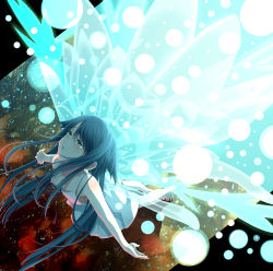 Rule 34 | 1girl, :o, bare shoulders, barefoot, black hair, blue wings, breasts, collarbone, crying, crying with eyes open, downblouse, dress, female focus, full body, glowing, glowing wings, green eyes, highres, light particles, looking up, open mouth, outstretched arms, saya (saya no uta), saya no uta, sleeveless, sleeveless dress, small breasts, solo, sundress, swept bangs, tears, tiptoes, tsukumo (soar99), white dress, wings