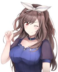Rule 34 | 1girl, blue shirt, blush, bow, breasts, brown hair, choker, closed mouth, hair bow, hand up, highres, idolmaster, idolmaster shiny colors, large breasts, long hair, looking at viewer, neofreet, one eye closed, pink eyes, puffy short sleeves, puffy sleeves, shirt, short sleeves, simple background, smile, solo, swept bangs, tsukioka kogane, white background, white bow
