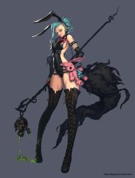 Rule 34 | 1girl, animal ears, aqua hair, bad id, bad pixiv id, black thighhighs, boots, breasts, highres, large breasts, legs, lips, long hair, long legs, morry, original, rabbit ears, simple background, skull, solo, standing, stuffed animal, stuffed toy, thigh boots, thighhighs, thighs, yellow eyes