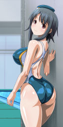 Rule 34 | 10s, 1girl, ass, back, black hair, breasts, competition swimsuit, female focus, hat, kantai collection, large breasts, looking at viewer, looking back, monteriakitto, one-piece swimsuit, pool, red eyes, short hair, smile, solo, swimsuit, takao (kancolle), water