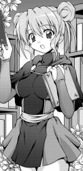 Rule 34 | 1girl, book, bridal gauntlets, capelet, cowboy shot, double bun, flower, greyscale, indoors, kanmu ryou, library, looking at viewer, monochrome, open mouth, original, sash, skirt, solo