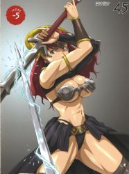 Rule 34 | 00s, 1girl, armor, bikini armor, breasts, claudette (queen&#039;s blade), claudette (queen's blade), claudette lord of thundercloud, cleavage, green eyes, helmet, highres, hisayuki hirokazu, large breasts, lightning, muscular, nigou, pov, queen&#039;s blade, red hair, revealing clothes, solo, sword, thighhighs, thighs, weapon