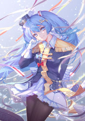Rule 34 | 1girl, band uniform, beamed eighth notes, black pantyhose, blue bow, blue eyes, blue hair, blue jacket, bow, bowtie, chinese commentary, commentary request, confetti, cowboy shot, eighth note, epaulettes, frilled skirt, frills, hair ornament, hairclip, hat, hat feather, hatsune miku, headset, highres, horn (instrument), jacket, long hair, looking at viewer, musical note, musical note print, pantyhose, qie, quarter note, red bow, sheet music, skirt, smile, sparkle, staff (music), tassel, twintails, very long hair, vocaloid, white skirt, yuki miku, yuki miku (2020)