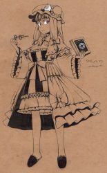 Rule 34 | 1girl, absurdres, book, bow, breasts, brown background, capelet, cleavage, crescent, crescent hair ornament, dress, female focus, full body, glasses, hair ornament, hat, highres, holding, holding removed eyewear, large breasts, limited palette, long hair, looking at viewer, monochrome, mushroom (osh320), patchouli knowledge, purple eyes, simple background, slippers, solo, spot color, striped clothes, striped dress, touhou, unworn eyewear