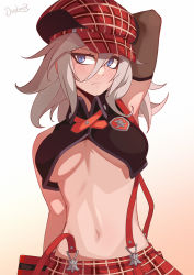 Rule 34 | 1girl, alisa ilinichina amiella, arm behind head, arm up, bare shoulders, black vest, blue eyes, blush, breasts, breasts apart, cabbie hat, commentary, cropped vest, darahan, elbow gloves, english commentary, frown, gloves, god eater, hair between eyes, hat, long hair, looking at viewer, medium breasts, midriff, namco, navel, plaid, plaid headwear, plaid skirt, red skirt, sidelocks, signature, silver hair, simple background, skirt, solo, standing, suspender skirt, suspenders, suspenders slip, underboob, upper body, vest, white background