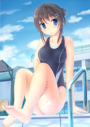 Rule 34 | 1girl, bare arms, bare shoulders, barefoot, blue eyes, blush, breasts, brown hair, building, chain-link fence, chair, cloud, collarbone, competition swimsuit, corrugated galvanized iron sheet, day, fence, full body, hair bun, highres, knees up, legs, looking at viewer, medium breasts, mountain, one-piece swimsuit, original, outdoors, parted lips, pool ladder, poolside, shiny skin, short hair, single hair bun, sitting, sky, solo, swimsuit, toenails, umitonakai, wet, window