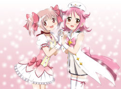 Rule 34 | 10s, 2girls, :d, beret, blush, bow, brooch, choker, coat, crossover, dress, frills, gloves, hair ribbon, happy, hat, highres, holding hands, houkago no pleiades, jewelry, kaname madoka, look-alike, magic, magical girl, mahou shoujo madoka magica, mahou shoujo madoka magica (anime), multiple girls, open mouth, pink eyes, pink hair, puffy sleeves, red eyes, ribbon, short hair, short twintails, smile, sparkle, subaru (houkago no pleiades), thighhighs, twintails, vzmk2, white gloves, white legwear, wrist cuffs