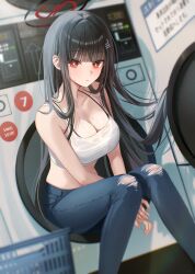 Rule 34 | 1girl, absurdres, alternate costume, arms between legs, black bra, black hair, blue archive, blush, bra, bra visible through clothes, breasts, bright pupils, cleavage, collarbone, commentary, crop top, denim, feet out of frame, halo, highres, jeans, knees together feet apart, large breasts, laundromat, long hair, looking at viewer, midriff, myowa, pants, red eyes, ringed eyes, rio (blue archive), sitting, solo, straight hair, sweat, sweaty clothes, tank top, torn clothes, torn pants, underwear, very long hair, white pupils, white tank top