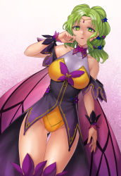 Rule 34 | 1girl, absurdres, breasts, circlet, collar, collarbone, collared leotard, commission, expressionless, fire emblem, fire emblem: the sacred stones, fire emblem heroes, flower, gluteal fold, gradient background, green eyes, green hair, groin, hair flower, hair ornament, hand on own cheek, hand on own face, hazuki (nyorosuke), highleg, highleg leotard, highres, l&#039;arachel (fire emblem), large breasts, leotard, long hair, looking at viewer, nintendo, official alternate costume, purple thighhighs, showgirl skirt, simple background, skeb commission, sleeveless turtleneck leotard, solo, thighhighs