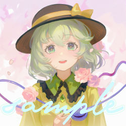 Rule 34 | 1girl, :d, black hat, blouse, blush, bow, buttons, commentary, commission, diamond button, didi77777, flower, frilled shirt collar, frills, green eyes, green hair, hair between eyes, hand on own chest, hat, hat bow, highres, komeiji koishi, looking at viewer, medium hair, open mouth, pink flower, pink rose, rose, sample watermark, shirt, smile, solo, straight-on, tareme, teeth, third eye, touhou, upper body, upper teeth only, watermark, yellow bow, yellow shirt