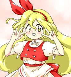Rule 34 | 1girl, :d, blonde hair, blush, double v, ellen (touhou), hair between eyes, hairband, hands up, long hair, looking at viewer, nonamejd, open mouth, red hairband, red vest, shirt, smile, solo, touhou, touhou (pc-98), v, vest, white shirt, yellow eyes