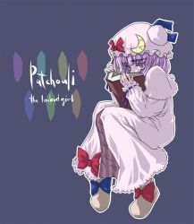 Rule 34 | 1girl, blue bow, blue ribbon, blunt bangs, book, bow, capelet, character name, crescent, dress, eyebrows, female focus, hat, hat ribbon, long sleeves, looking at viewer, mob cap, open book, patchouli knowledge, purple eyes, purple hair, reading, red bow, red ribbon, ribbon, ribbon trim, simple background, slippers, solo, striped clothes, striped dress, touhou, vertical stripes, white legwear, yu-ki, yuuki (snowhouse)