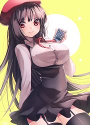 Rule 34 | 1girl, 8931ponzu, arm behind back, beret, black dress, black hair, black thighhighs, blush, breasts, cellphone, circle, collared shirt, dress, dutch angle, hand up, hat, holding, holding phone, large breasts, long hair, long sleeves, looking at viewer, meme attire, original, phone, red eyes, red ribbon, ribbon, shirt, smartphone, smile, solo, thighhighs, two-tone background, underbust, virgin killer outfit, white background, white shirt, yellow background
