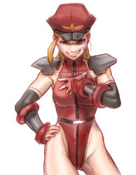 Rule 34 | 1girl, alternate costume, bad id, bad pixiv id, blonde hair, cammy white, capcom, cosplay, evil grin, evil smile, grin, hat, leotard, looking at viewer, m. bison, m bison (cosplay), peaked cap, red leotard, shirakawa68, simple background, smile, solo, street fighter, street fighter iv (series), white background