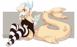 Rule 34 | 1girl, artist name, black shirt, black thighhighs, blonde hair, fins, fish tail, food, food in mouth, furry, furry female, horns, looking at viewer, multicolored clothes, multicolored legwear, nami (teranen), off-shoulder shirt, off shoulder, original, popsicle, shark tail, shirt, short sleeves, sitting, solo, striped clothes, striped thighhighs, tail, teranen, thighhighs, white thighhighs, wings