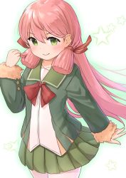 Rule 34 | &gt;:), 1girl, akashi (kancolle), arm at side, blush, bow, clenched hand, closed mouth, cosplay request, cowboy shot, fur-trimmed sleeves, fur trim, gradient background, green background, green eyes, green jacket, green skirt, hair ornament, hair ribbon, jacket, kantai collection, long hair, long sleeves, miniskirt, open clothes, open jacket, pantyhose, pink hair, pleated skirt, red bow, red neckwear, red ribbon, ribbon, shirt, skirt, smile, solo, star (symbol), tress ribbon, very long hair, wamu (chartreuse), white pantyhose, white shirt